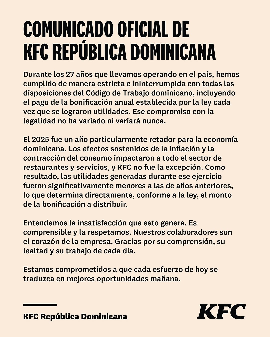 Comunicado de KFC República Dominicana